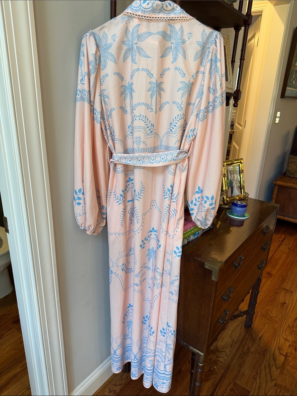 SundayUp Peach Maxi Shirt Dress with Blue Floral Motif full button down - Picture 6 of 6